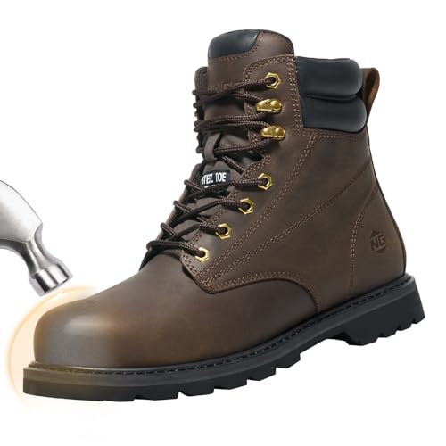 NINGO Steel Toe Work Boots for Men, Waterproof Comfortable Leather Industrial & Construction Boots, Oil & Slip Resistance ...