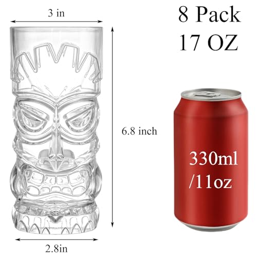 Hacaroa 8 Pack 17 Oz Plastic Tiki Cups, Clear Tiki Cocktail Mug Luau Cup Hawaiian Party Drinking Tumblers for Lemonade, Mi...