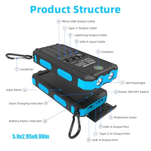 YELOMIN Solar Charger, 20000mAh Portable Type-C Solar Power Bank with 4 Cables, Waterproof Battery Pack, Outdoor External ...