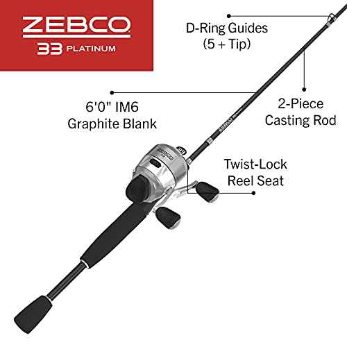 Zebco 33 Platinum Spincast Reel and Fishing Rod Combo, Anti-Reverse Clutch, Silver