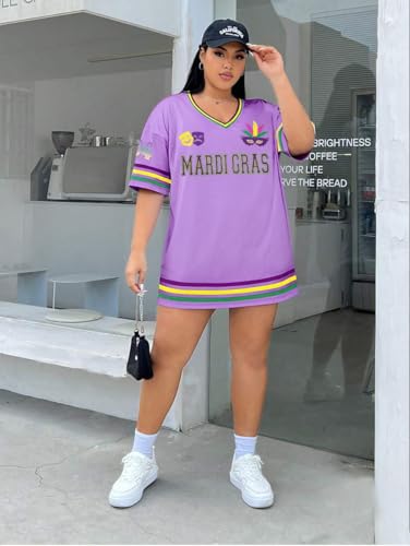 NANYUAYA Women's Plus Size Mardi Gras Oversized Shirt Fat Tuesday Carnival Top V Neck Festival Short Sleeve Party Tee