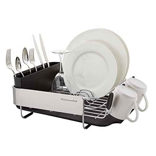 KitchenAid Compact, Space Saving Rust Resistant Dish Rack with Removable Flatware Caddy and Angled Self Draining Drainboard, 16.06-Inch, Black