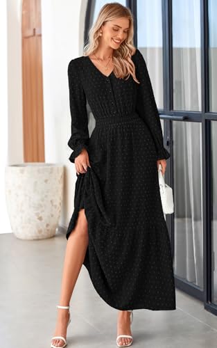 PRETTYGARDEN Women's 2025 Maxi Dress Long Sleeve V Neck Flowy Swiss Dot High Waist Casual A Line Fall Wedding Guest Dresses