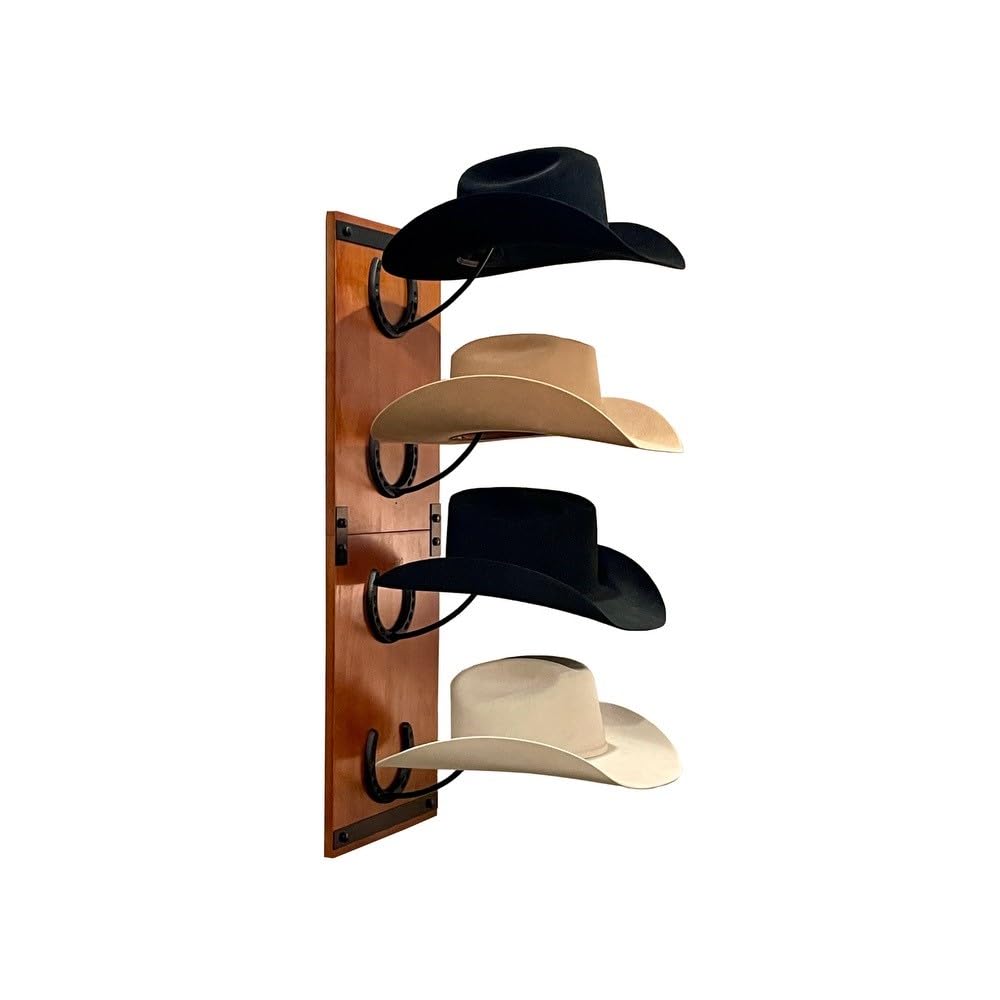 R828 Ranch Cowboy Hat Rack For Wall Mount (34.6” x 10.1” x 13.5”) | Wood Cowboy Hat Holder | Hanging Western Hat Rack w/Metal Accents | Customizable Hat Organizer w/Handmade Horseshoe Mounts