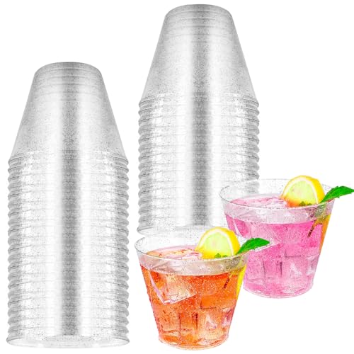 HKACSTHI 25 Pieces 9oz Plastic Cups Disposable Glitter Wine Glasses Clear Plastic Tumblers Dessert Cups Drinking Cups for ...