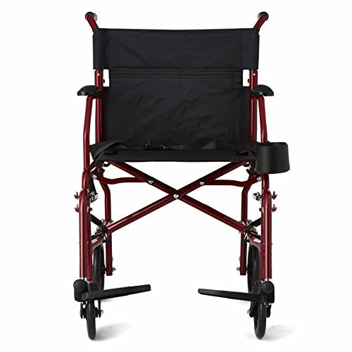 Medline Ultra Lightweight Transport Wheelchair for Adults, Foldable, 19-Inch Seat Width, Red Frame, Black Upholstery