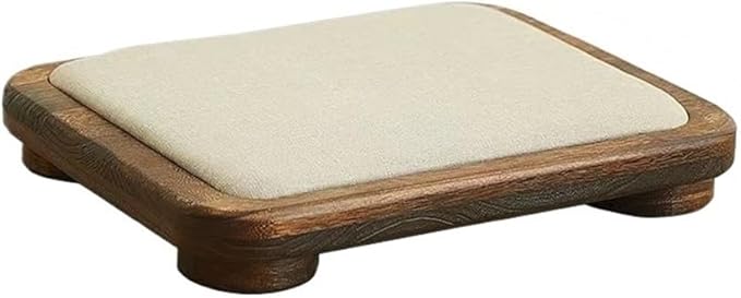 Japanese Tatami Low Stool, Solid-Wood Floor Chair with Cushioned Linen, Bedside Bench or Low Table Seating, Footrest for Meditation(50 * 40 * 7cm)