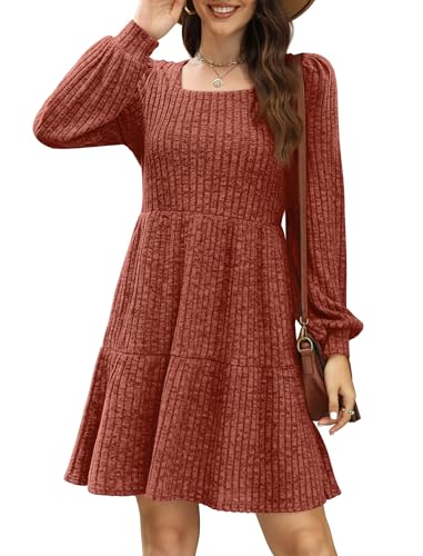 Sampeel Womens Square Neck Long Sleeve Fall Dresses Casual Babydoll Sweater Dress