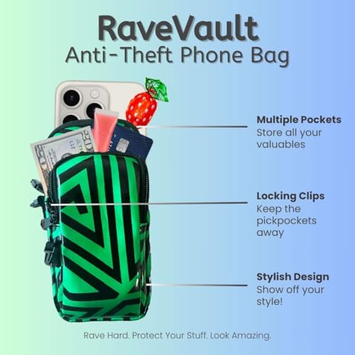 RaveVault Anti-Theft Rave Cell Phone Bag with Locking Zippers, Hidden Pocket – Perfect Phone Pouch for Ravers and Festival...