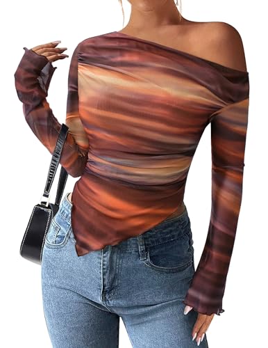 PRETTYGARDEN Womens Fall Trendy Off Shoulder Y2k Tops 2026 Tie Dye Mesh Long Sleeve Shirts Asymmetrical Ruched Floral Blouse