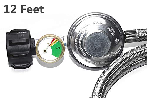 DOZYANT 12 Feet Universal QCC1 Low Pressure Propane Regulator Hose Replacement with Propane Tank Gauge, Stainless Steel Br...