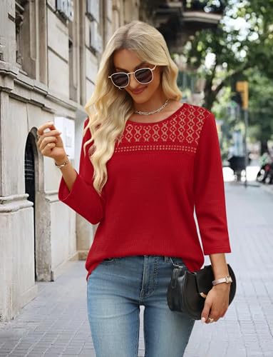 OFEEFAN 3/4 Length Sleeve Womens Tops Spring Fall Fashion 2026 Dressy Casual Blouses Lace Trendy Waffle Knit Shirts
