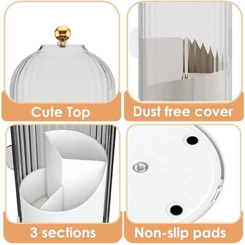 Makeup Brush Holder with Lid 360 Rotating Clear Dustproof Make Up Organizers for Vanity Bathroom Countertop, Transparent