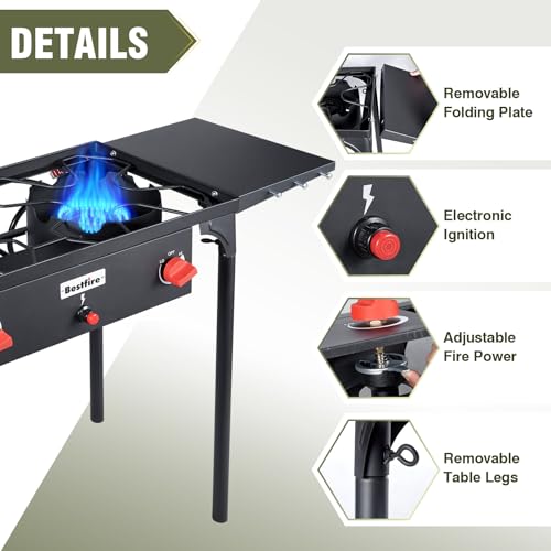 Bestfire 2 Burner Propane Camping Stove with Auto Ignition, 150,000 BTU High Power Outdoor Cooker, Portable Gas Stove with...