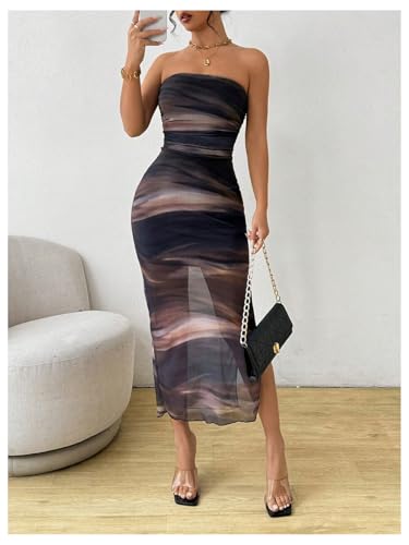 Milumia Women's Tie Dye Printed Ruched Tube Dress Strapless Mesh Split Rave Maxi Dresses