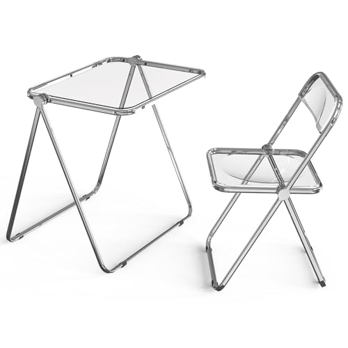 VINGLI Folding Acrylic Table and Chair Set Small TV Tray for Snack Dinner on Couch, Tiny Foldable Desk Writing Desk for Ho...