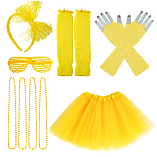 jiebor 80s Costume Outfits Accessories for Girls Tutu Skirt Leg Warmers Fishnet Gloves Shutter Glass Headband Necklace