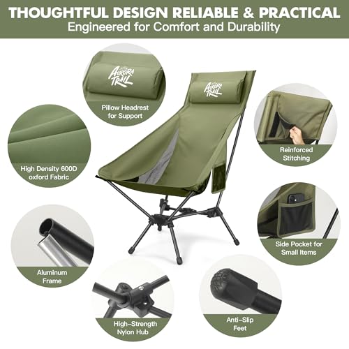 AuroraTrail High Back Folding Camping Chair with Pillow – Lightweight Portable Outdoor Chair with Cup Holder & Carry Bag, ...