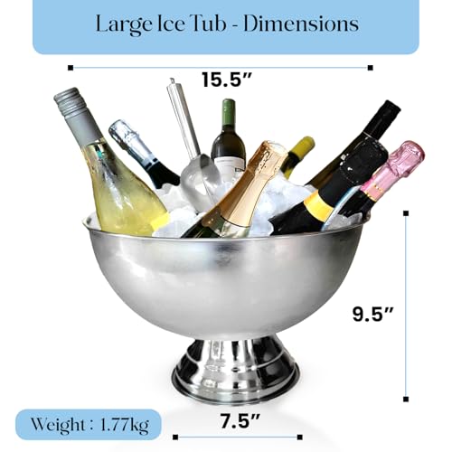 Premium 12L Large Ice Bucket for Parties – 16"x16"x10" Silver Stainless Steel Beverage Tub with Scoop – Insulated Ice Buck...