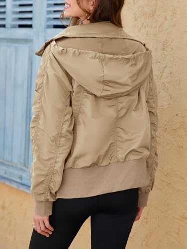 Fisoew Womens Windbreaker Crop Jackets Long Sleeve Zip Up Hidden Hooded Winter Bomber Jacket with Pockets