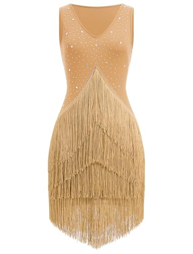 IWEMEK Rhinestones Fringe Tassel Latin Dance Dress for Women Competition Ballroom Dance Costumes Tango Salsa Flapper Dresses