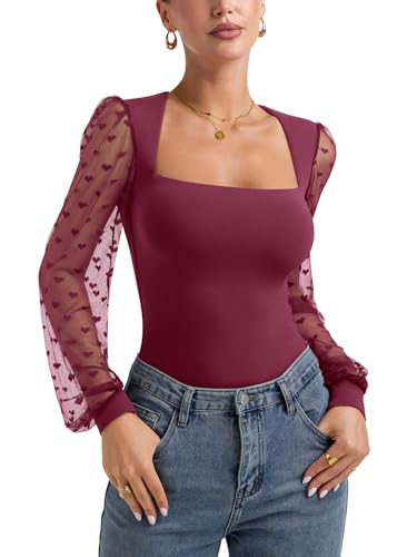 PINKMSTYLE Women's Square Neck Double Lined Mesh Long Sleeve Bodysuits Slim fit Trendy Going Out Tops Shirts