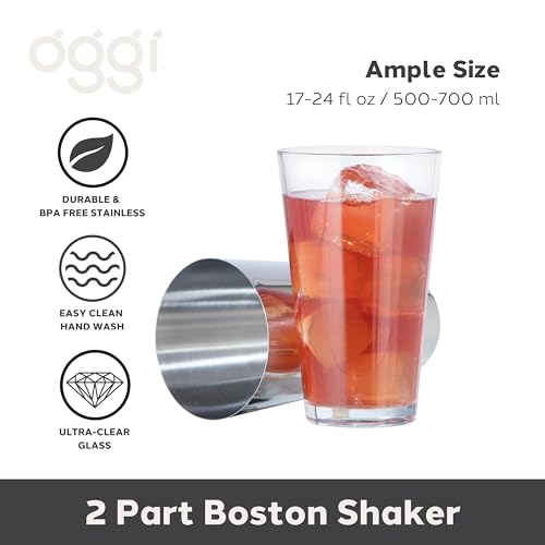 OGGI Boston Cocktail Shaker - Glass/Stainless Steel, 17oz/24oz - Classic Professional Design, Home Bar Boston Style Drink ...