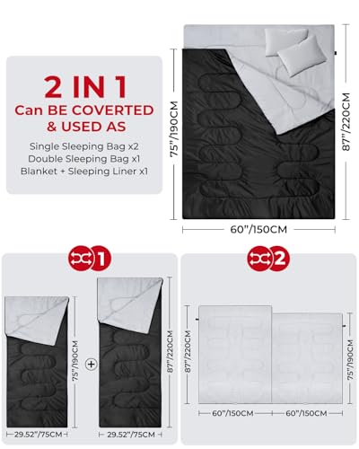 Ohuhu Double Sleeping Bag: Queen Size 2 Person 3 Season for Warm & Cold Weather Camping Sleeping Bag with 2 Pillows, Large...