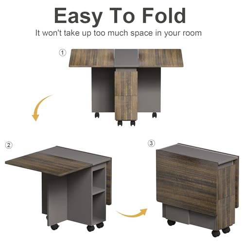 BAYYELL 5-Piece Folding Extendable Dining Table Set for 4, Drop Leaf Dining Table with 4 Stools, Storage and 6 Wheels, Kit...
