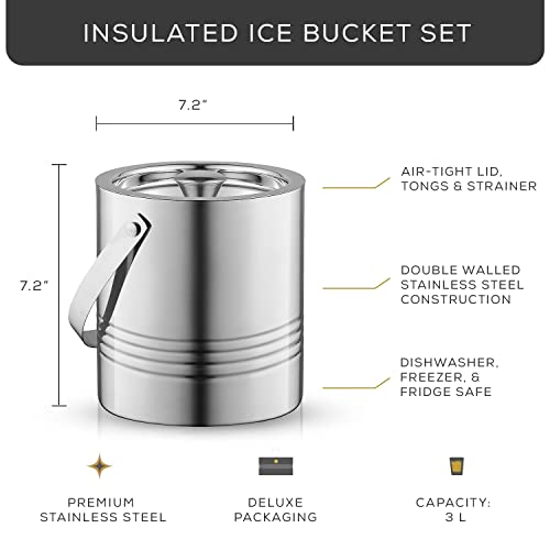 JoyJolt Metal Double Wall Ice Bucket with Lid, Ice Tongs and Strainer. 3L Insulated Ice Bucket for Cocktail Bar, Wine, Hom...
