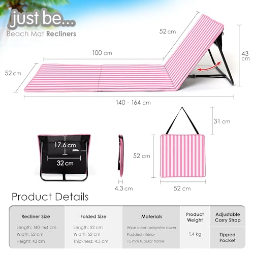 just be... Beach Sun Mat Folding Lightweight Portable Adjustable Sunbathing Recliner with Backrest Support and Valuables P...