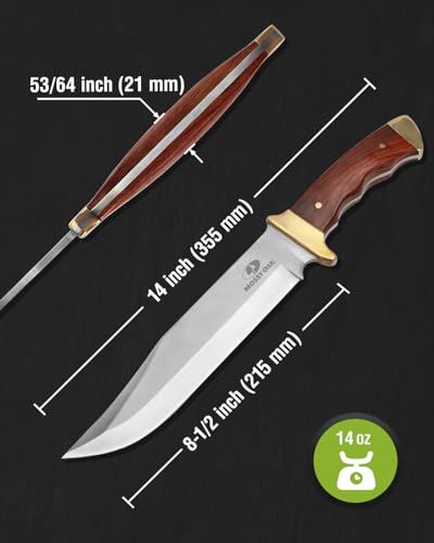 Mossy Oak 14-inch Bowie Knife, Full-tang Fixed Blade, Wood Handle Hunting Knife with Leather Sheath for Camping, Hiking, S...