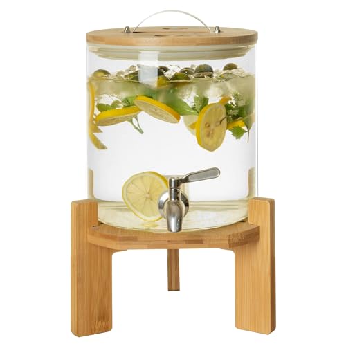 l‘ÉPICÉA Glass Drink Dispenser with Wood Stand,Cold Glass Beverage Dispenser for Party,Large Lemonade Dispenser Jar with S...