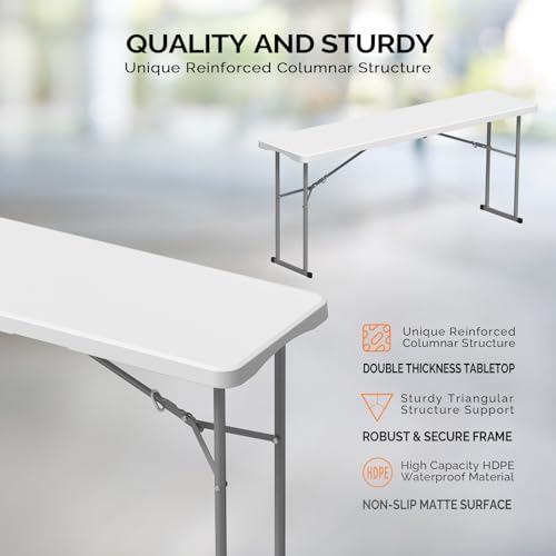 VINGLI 6 FT Narrow Folding Table, Tabletop Folded in Half, Premium Quality HDPE Material and Sturdy Metal Frame, Perfect f...