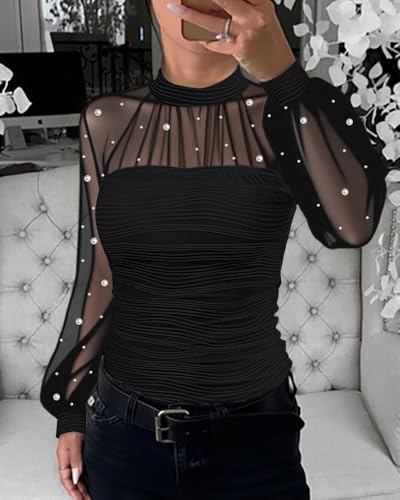 Ninimour Women‘s Pearls Decor Long Sleeve Blouse Mesh Spliced Textured Shirt Going Out Top