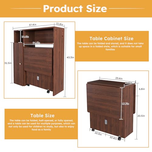 KEIKI Folding Dining Table for 4, Farmhouse Kitchen Extendable Table with Wall-Mounted Storage & Socket, Drop Leaf Tables ...
