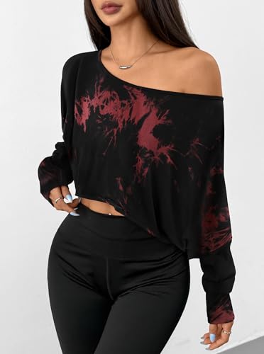 Hilinker Womens Off Shoulder Long Sleeve Crop Tops Sexy Boat Neck Loose Casual T Shirt