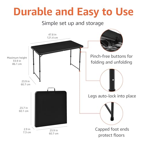 Amazon Basics 4 Foot Rectangular Folding Dining Table, 4 Adjustable Height Settings with Carrying Handle, Indoor & Outdoo...