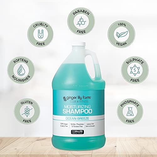 Ginger Lily Farms Club & Fitness Moisturizing Shampoo for All Hair Types, 100% Vegan & Cruelty-Free, Ocean Breeze Scent, 1 Gallon Refill (Pack of 4)