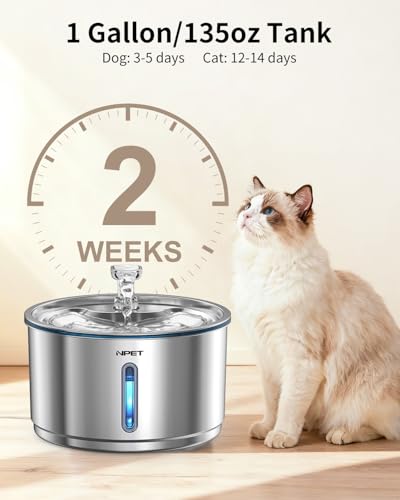 NPET Stainless Steel Cat Water Fountain, 1Gallon/135oz Automatic Pet Drinking Fountain Dog Water Dispenser with 4 Replacem...