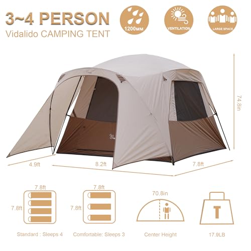 Vidalido 3-4 Person Tent with 1 Mesh Door and 2 Large Mesh Window, Double Layer Waterproof Portable Family Cabin Tent, 4 P...