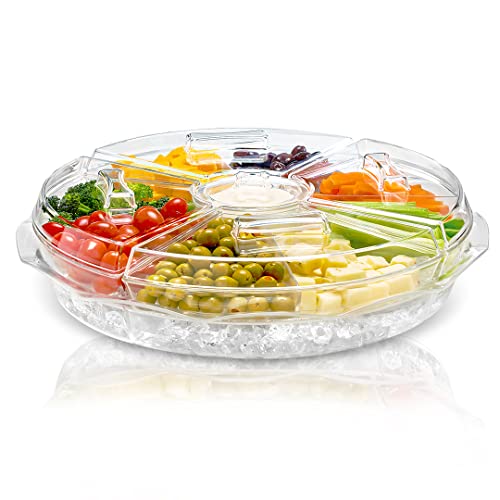 Chef's Star 16" Food Tray with Ice Compartment & Lid - 8 Section with Dip Holder Clear Acrylic Chilled Bowl for Lunch, Pic...