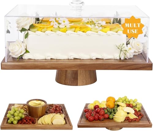 Krbnk 17" Acacia Wood Cake Stand with Lid, 2-in-1 Rectangular Charcuterie Board & Dessert Display, Shatterproof Acrylic Ca...