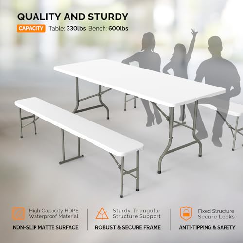 VINGLI Picnic Table Set with 2 Benches, 6 Feet Camping Table Chair Set,3-Piece Folding Furniture for Indoor or Outdoor Us...