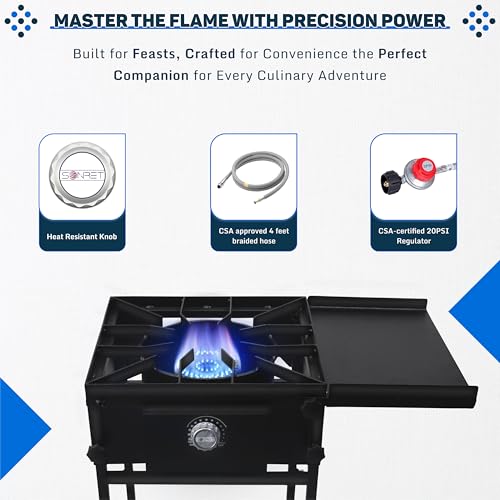 Single Propane Burner Stove - 1,30,000 High btu Propane Burner Camping Stove with Side Shelf & Bottom Shelf - Steel Single...