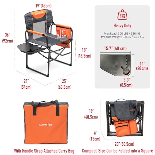SUNNYFEEL Camping Directors Chair, Heavy Duty,Oversized Portable Folding Chair with Side Table, Pocket for Beach, Fishing,...