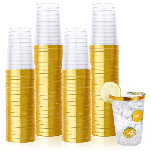 Vplus 150 Pack 12 OZ Reusable Gold Rimmed Clear Plastic Cups, Disposable Heavy Duty Plastic Cups Perfect for Party Christm...