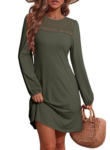 Dokotoo Dresses for Women Crew Neck Long Sleeve A Line Shift Dress Solid Color Loose Fit Mini Dress