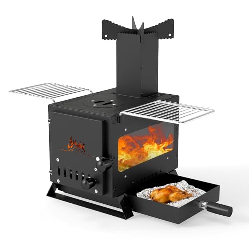 Giantex Portable Wood Burning Stove, Hot Tent Stove with 3 Cooking Positions, Anti-scalding Door Handle, Glass Window & 2 ...