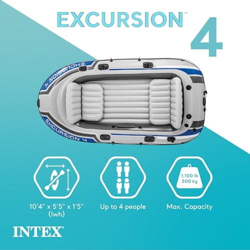 INTEX 68324EP Excursion 4 Inflatable Boat Set: Includes Deluxe 54in Boat Oars and High-Output Pump – Adjustable Seats with...